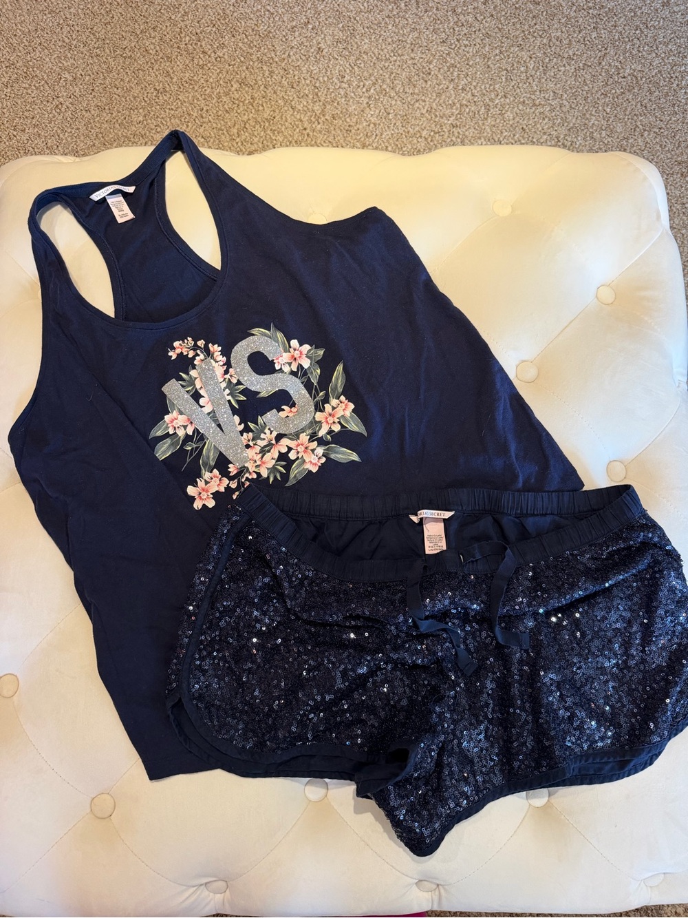 Victoria’s Secret Navy Floral Graphic Tank and Sequin Short Sleep Set
